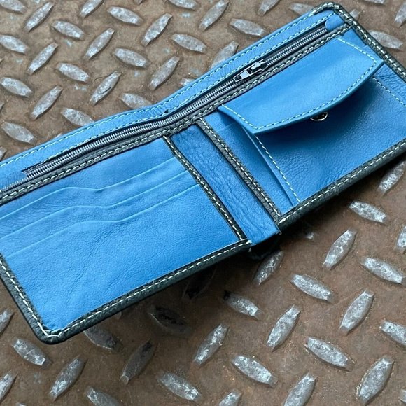Men Wallet Blue/Black Genuine Leather Bifold Handmade Card Holder Billfold Han - Picture 5 of 9